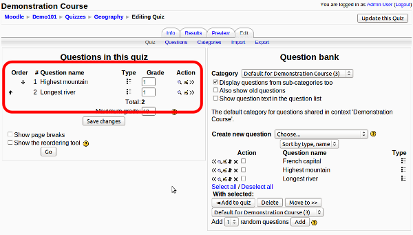 Questions added to quiz
