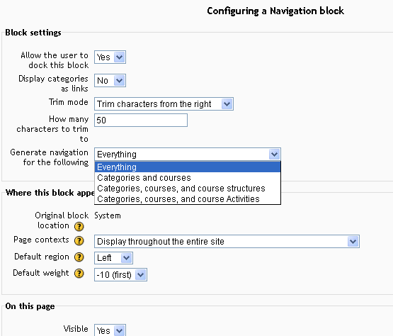 site navigation block settings